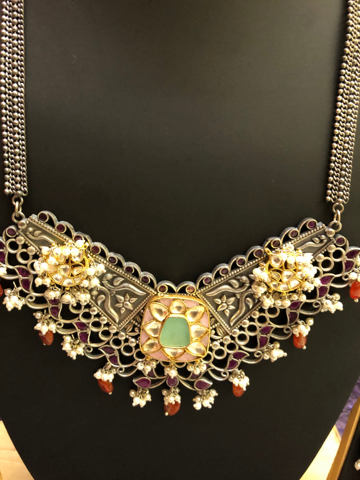 Long Silver Polish Ferret Necklace Set with Pachi Kundan and Monalisa Stone Work
