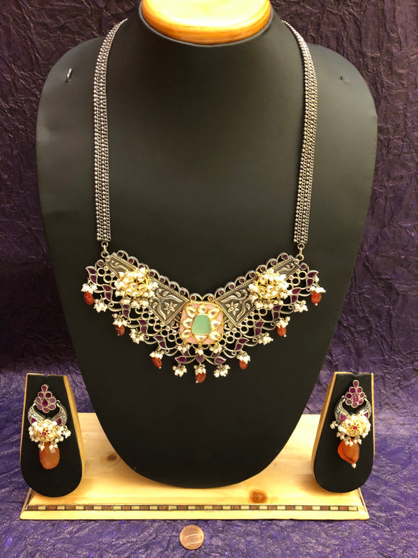 Long Silver Polish Ferret Necklace Set with Pachi Kundan and Monalisa Stone Work