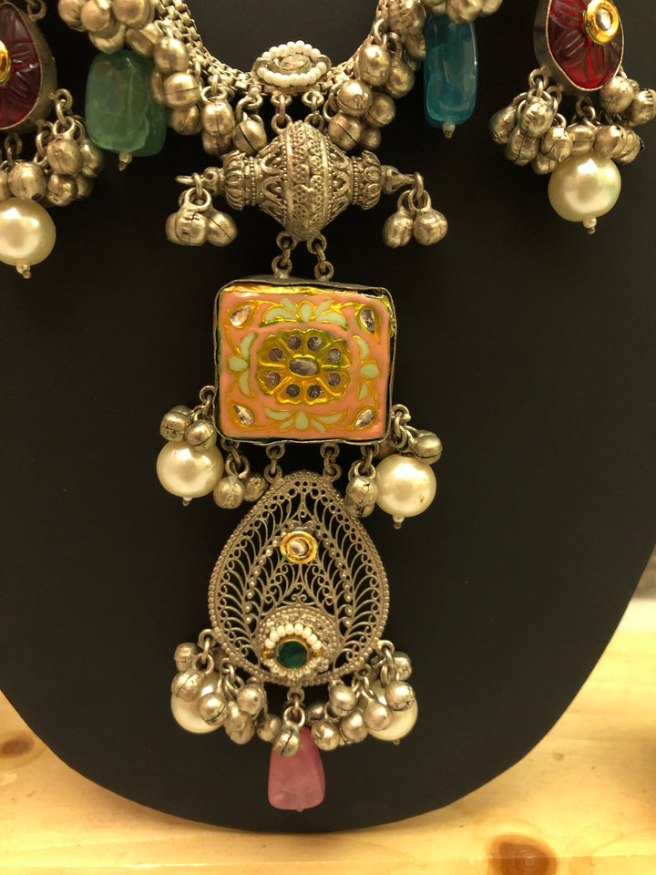 Long Style 92.5 Silver Polish Necklace Set with Stone & Kundan Work