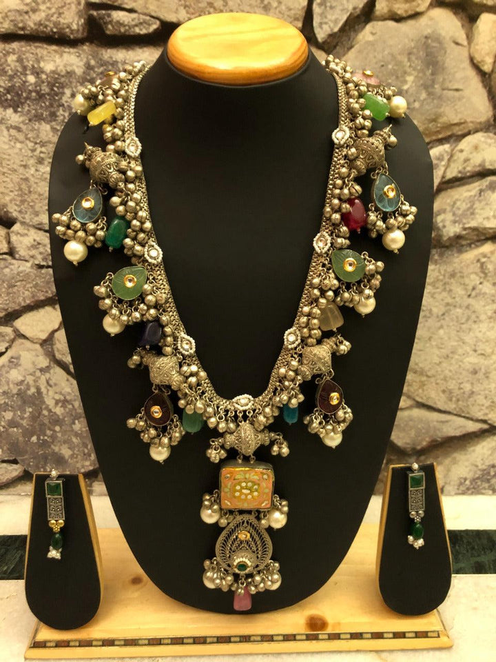 Long Style 92.5 Silver Polish Necklace Set with Stone & Kundan Work