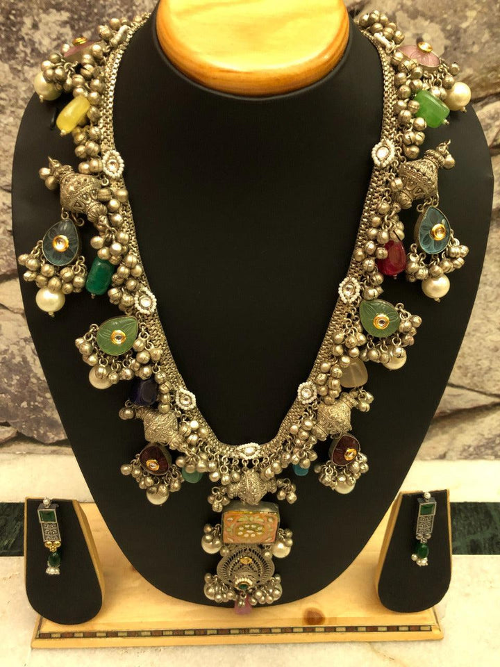 Long Style 92.5 Silver Polish Necklace Set with Stone & Kundan Work
