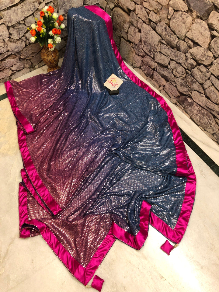 Magenta and Space Blue Color Designer Net Saree with Sequin Work