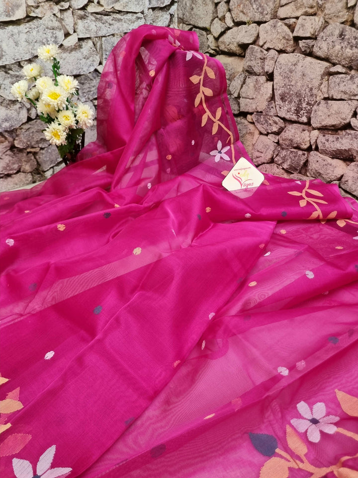 Magenta Color Muslin Jamdani with Banarasi Blouse Piece