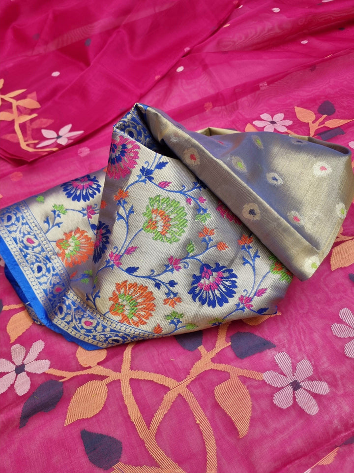 Magenta Color Muslin Jamdani with Banarasi Blouse Piece