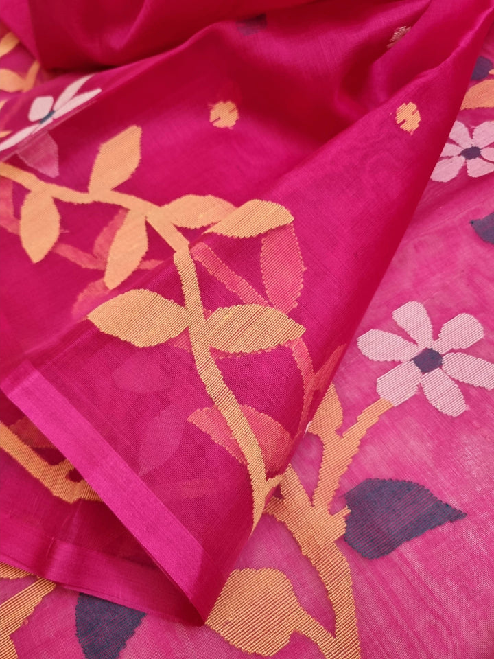 Magenta Color Muslin Jamdani with Banarasi Blouse Piece