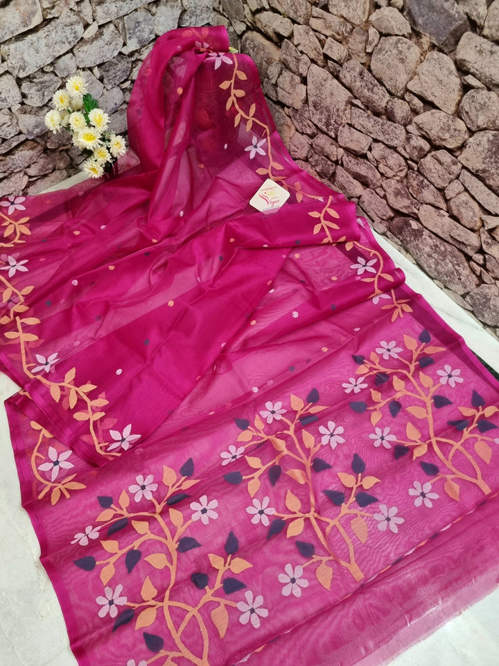 Magenta Color Muslin Jamdani with Banarasi Blouse Piece