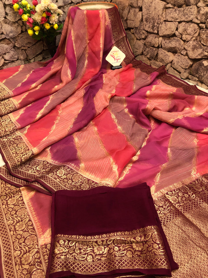 Magenta & Multicolor Kora Organza Saree with Lehriya Pattern & Sequin Work
