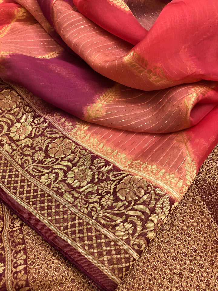 Magenta & Multicolor Kora Organza Saree with Lehriya Pattern & Sequin Work