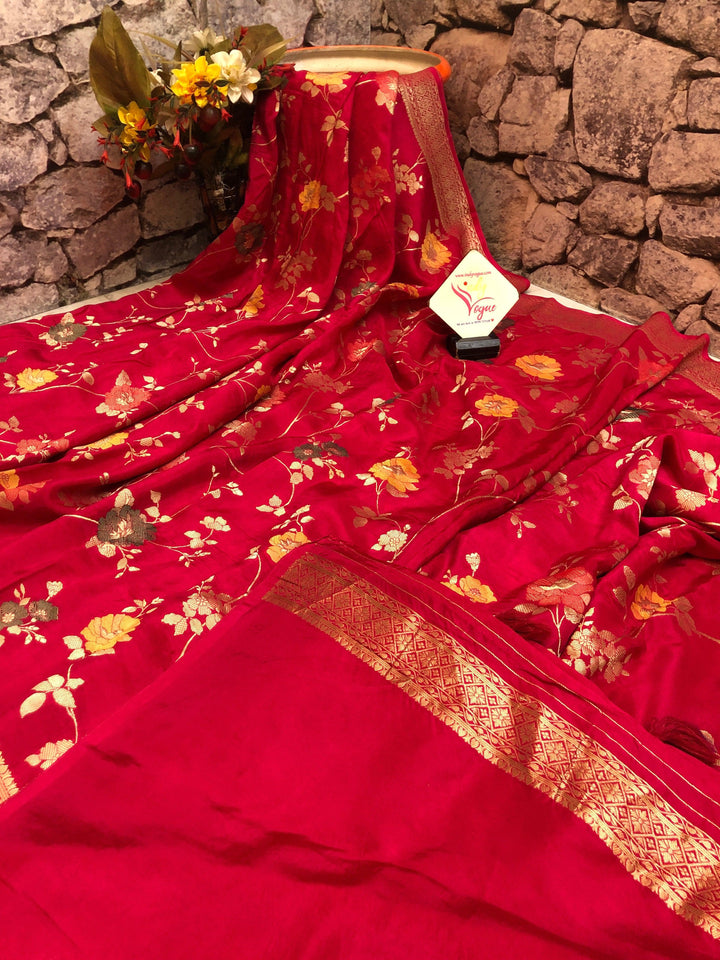 Magenta Red Color Muga Banarasi Saree with Allover Meenakari Jaal Work