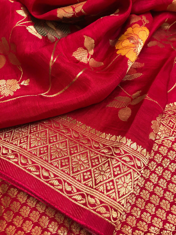 Magenta Red Color Muga Banarasi Saree with Allover Meenakari Jaal Work