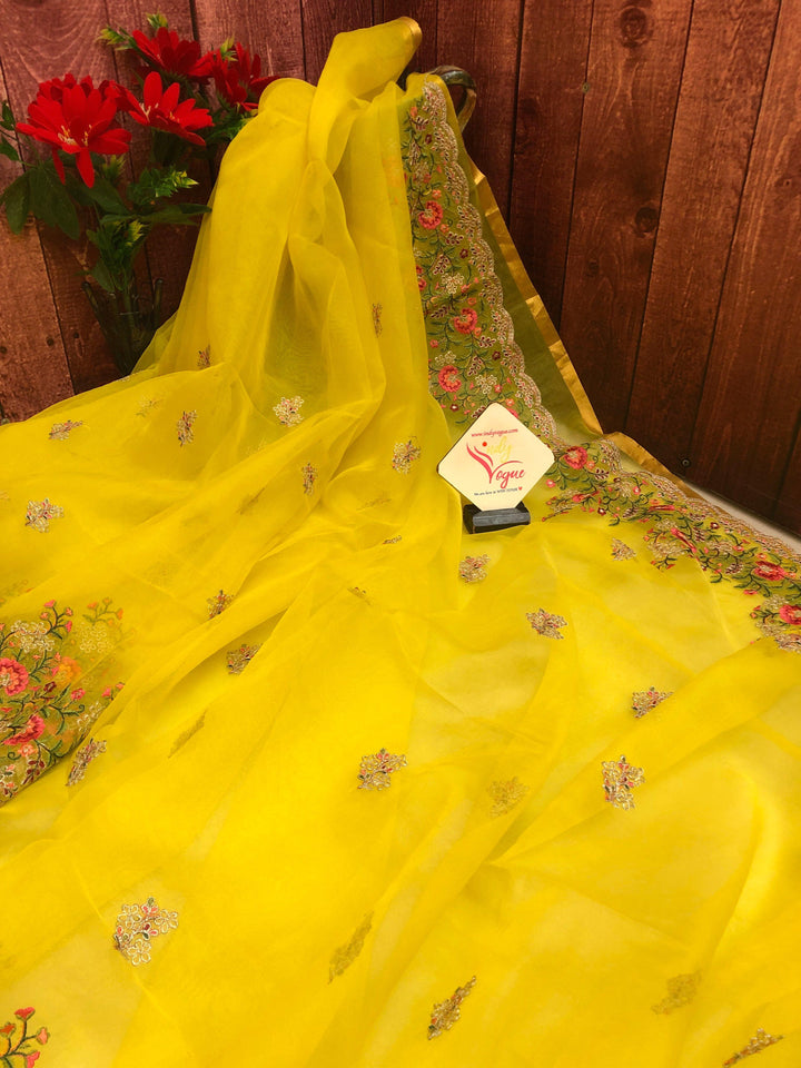 Marigold Yellow Color Resham Handloom Saree with Embroidery & Zari with Meenakari Scallop Border