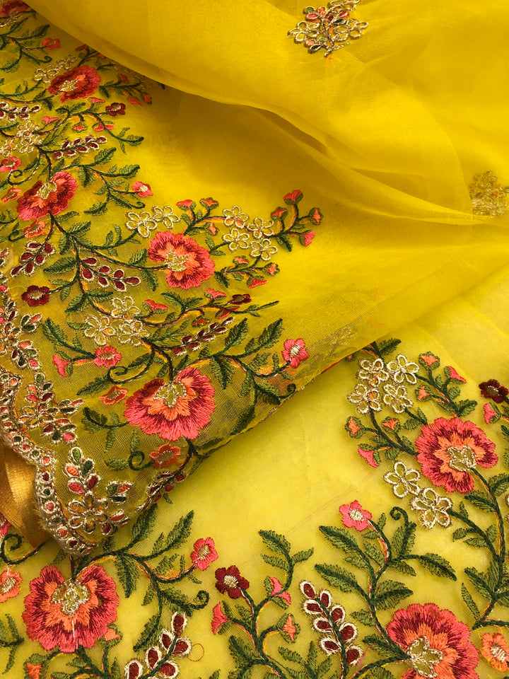 Marigold Yellow Color Resham Handloom Saree with Embroidery & Zari with Meenakari Scallop Border