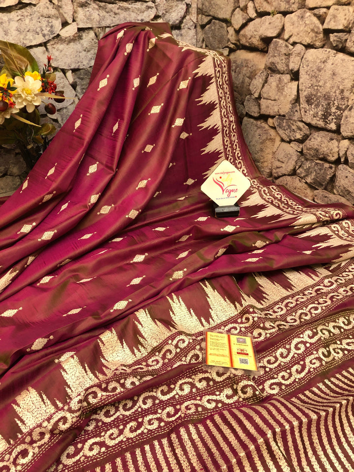Maroon and Green Color Dual Tone Bishnupuri Katan Silk with Kantha Stitch