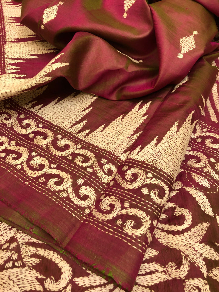 Maroon and Green Color Dual Tone Bishnupuri Katan Silk with Kantha Stitch