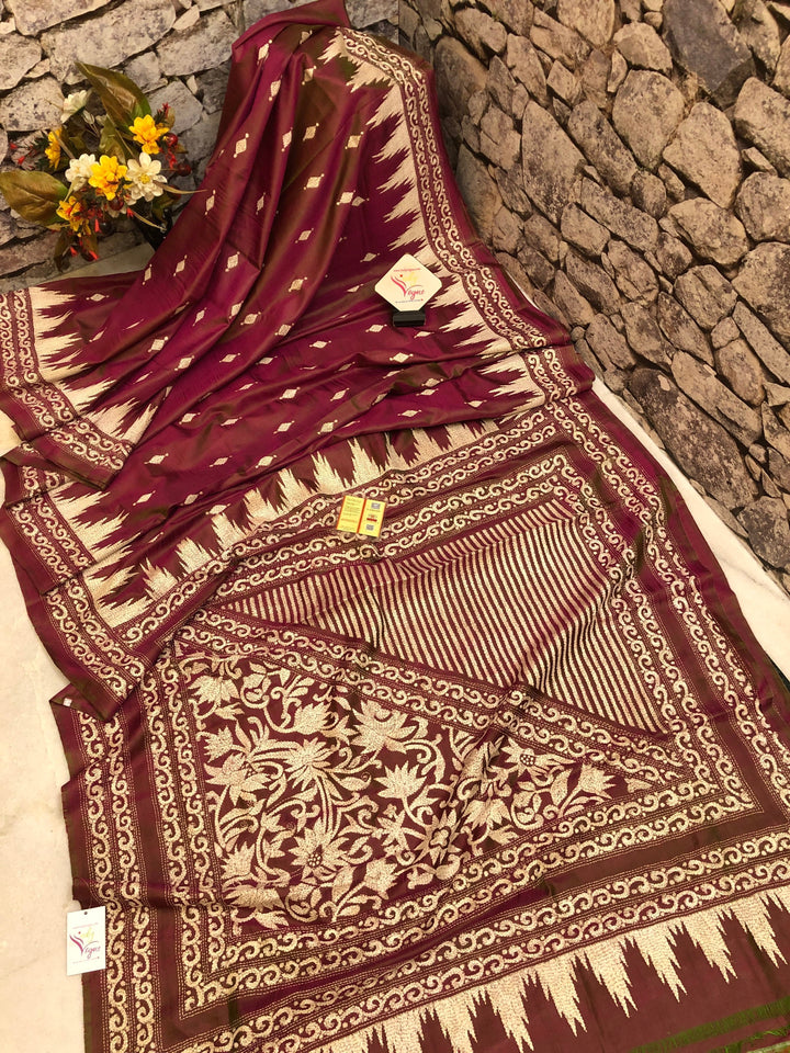Maroon and Green Color Dual Tone Bishnupuri Katan Silk with Kantha Stitch
