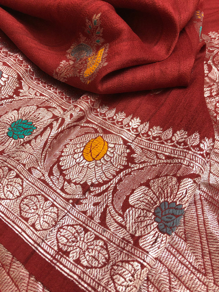 Maroon Color Tussar Georgette Banarasi with Silver Zari & MeenakariWork