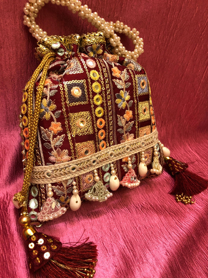 Maroon Red Color Potli Clutch Bag with Embroidery & Mirror Work