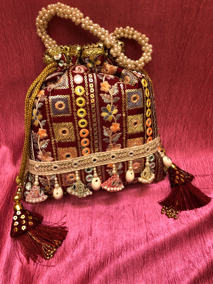 Maroon Red Color Potli Clutch Bag with Embroidery & Mirror Work