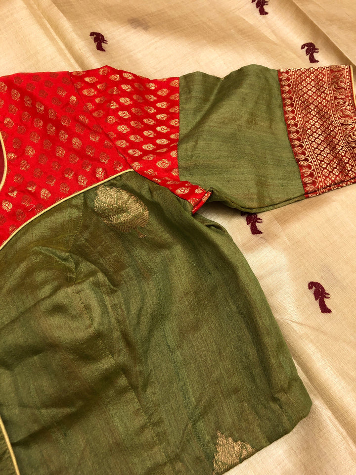 Matcha Green Tea Color Pure Tussar Banarasi Designer Blouse with Chanderi