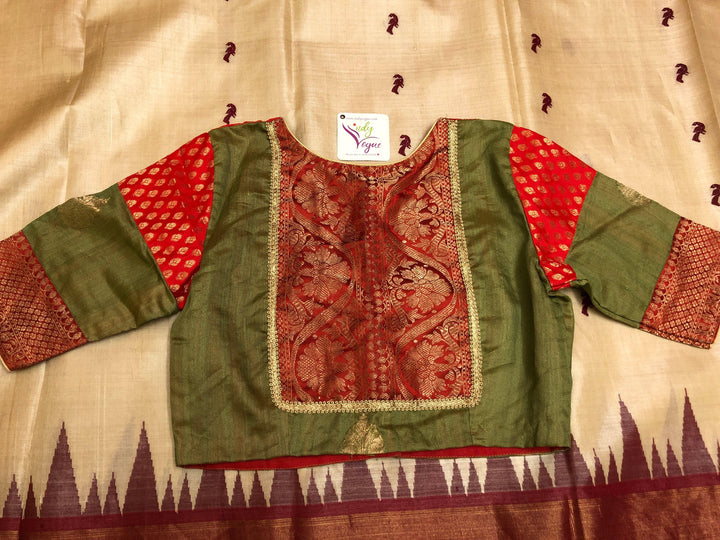 Matcha Green Tea Color Pure Tussar Banarasi Designer Blouse with Chanderi