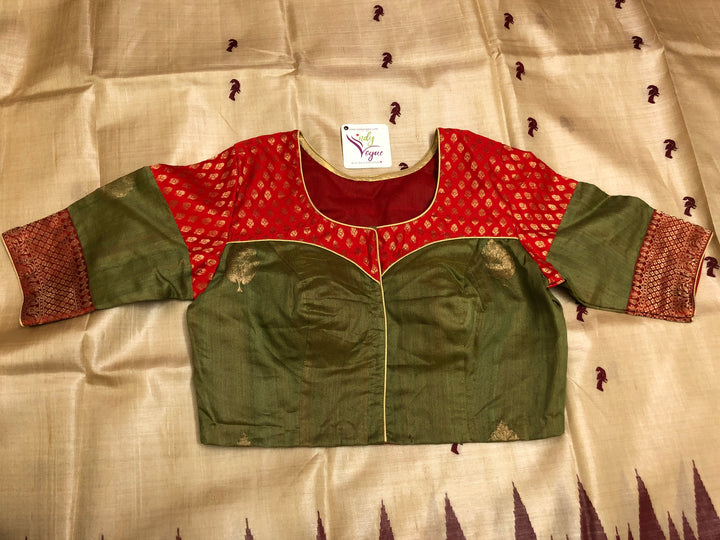 Matcha Green Tea Color Pure Tussar Banarasi Designer Blouse with Chanderi