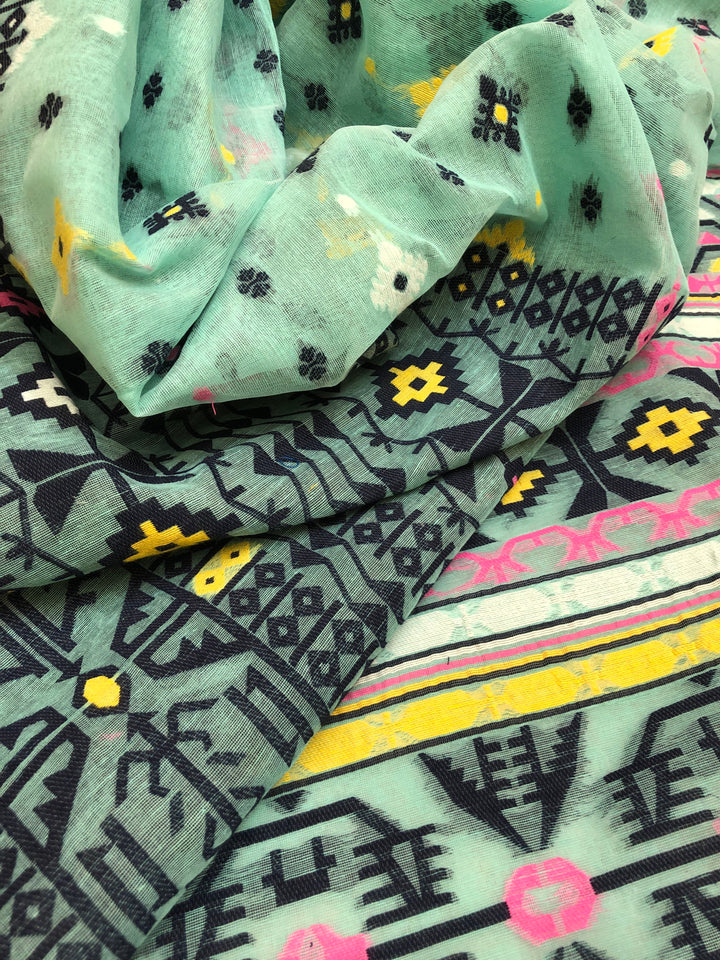 Mint Green & Multi Color Buti Work Pure Jamdani Saree