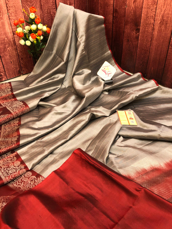 Mud Gray Color Soft Kanchipuram Silks with Zari Stripe Work