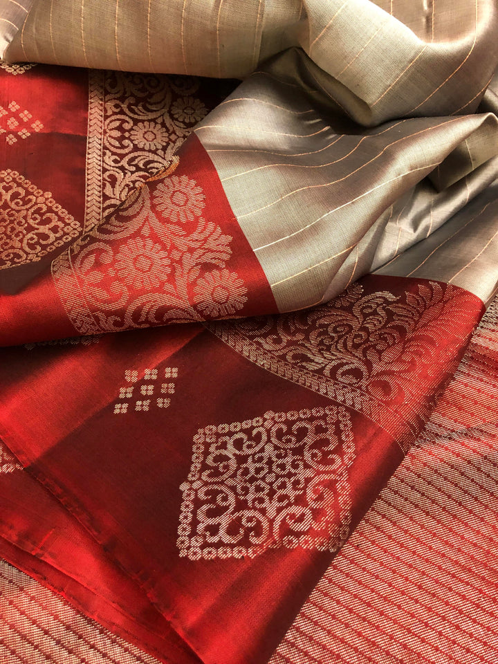 Mud Gray Color Soft Kanchipuram Silks with Zari Stripe Work