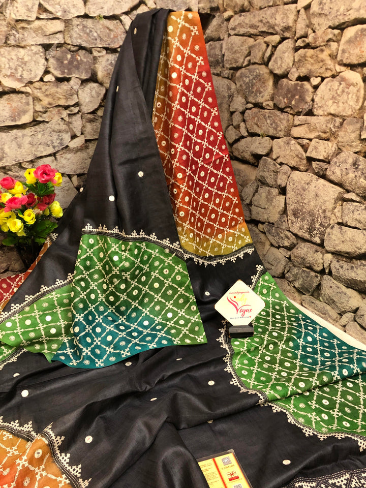 Mulitcolor Tussar Silk with Hand Kutchi Mirror Work and Tie and Dye Work