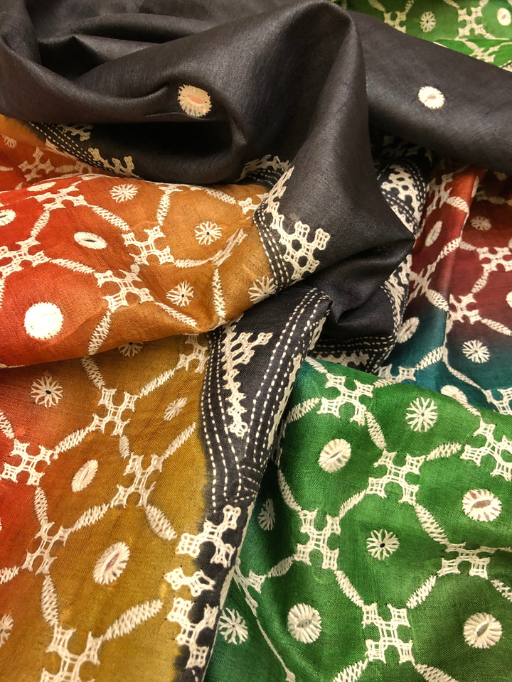 Mulitcolor Tussar Silk with Hand Kutchi Mirror Work and Tie and Dye Work