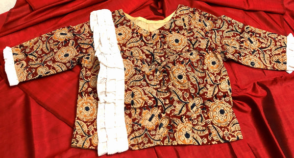 Multicolor Designer Cotton Blouse with Kalamkari Work and Chikankari Frill