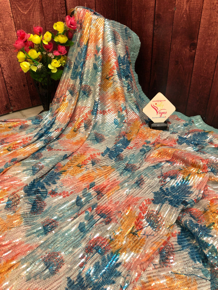 Multicolor Designer Net Saree with Digital Print & Sequin Work