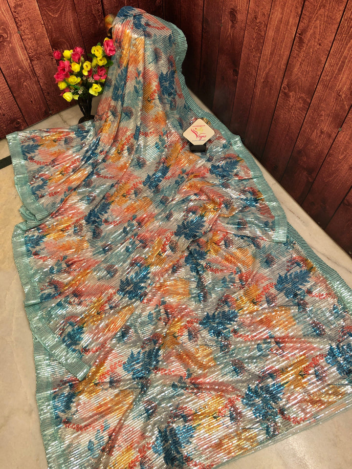 Multicolor Designer Net Saree with Digital Print & Sequin Work