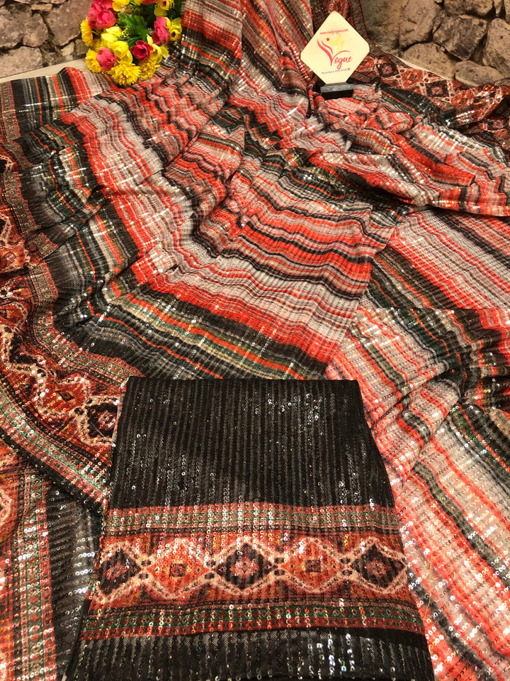 Multicolor Designer Net Saree with Sequin Work and Digital Print