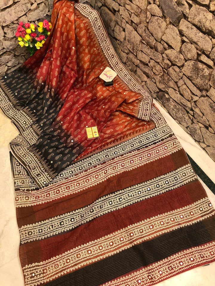 Multicolor Tussar Silk with Hand Block & Hand Gujrati Stitch with Mirror Work