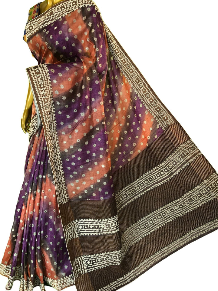 Multiple Color Tussar Silk Saree with Hand Block and Hand Gujrati Stitch with Mirror Work