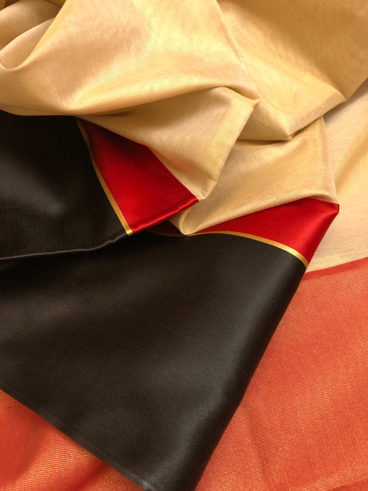 Natural Sand and Black Color Tissue Silk with Satin Border