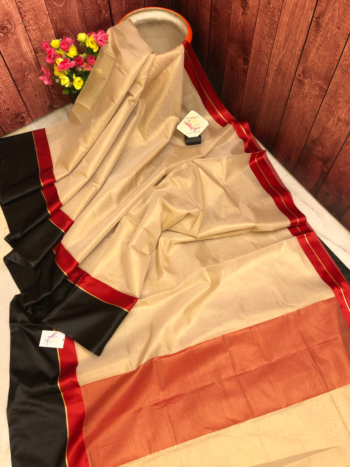 Natural Sand and Black Color Tissue Silk with Satin Border