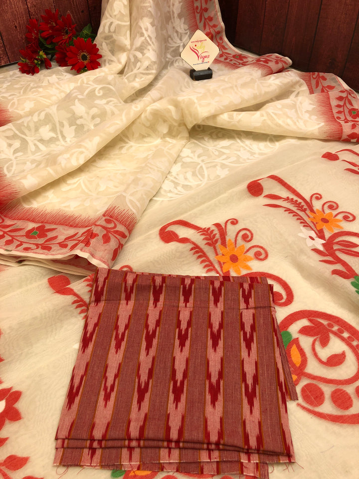 Natural White and Red Color Jamdani Saree with Allover Work