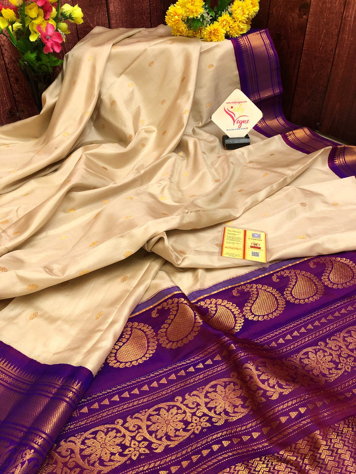 Off white and Purple Color Pure Gadwal Silk Saree