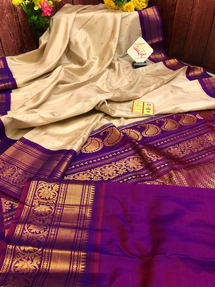 Off white and Purple Color Pure Gadwal Silk Saree