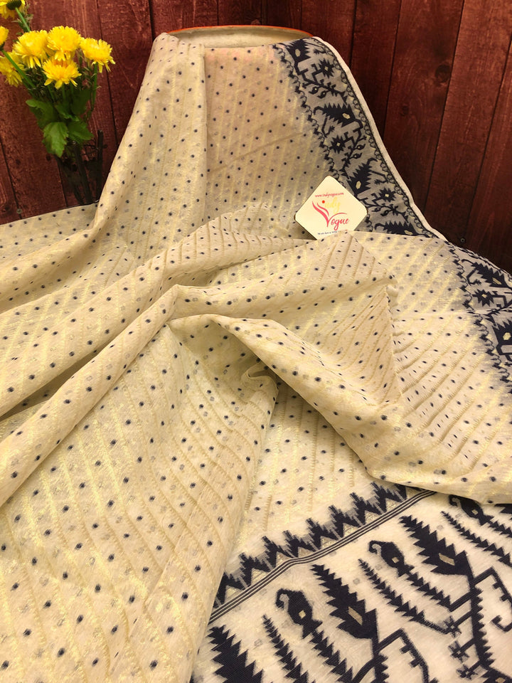 Offwhite and Navy Blue Color Jamdani Saree