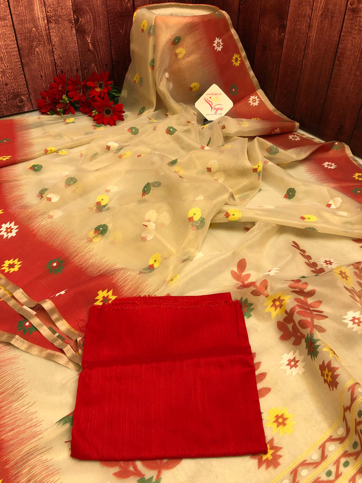 Offwhite and Red Color Tissue Resham Jamdani Saree