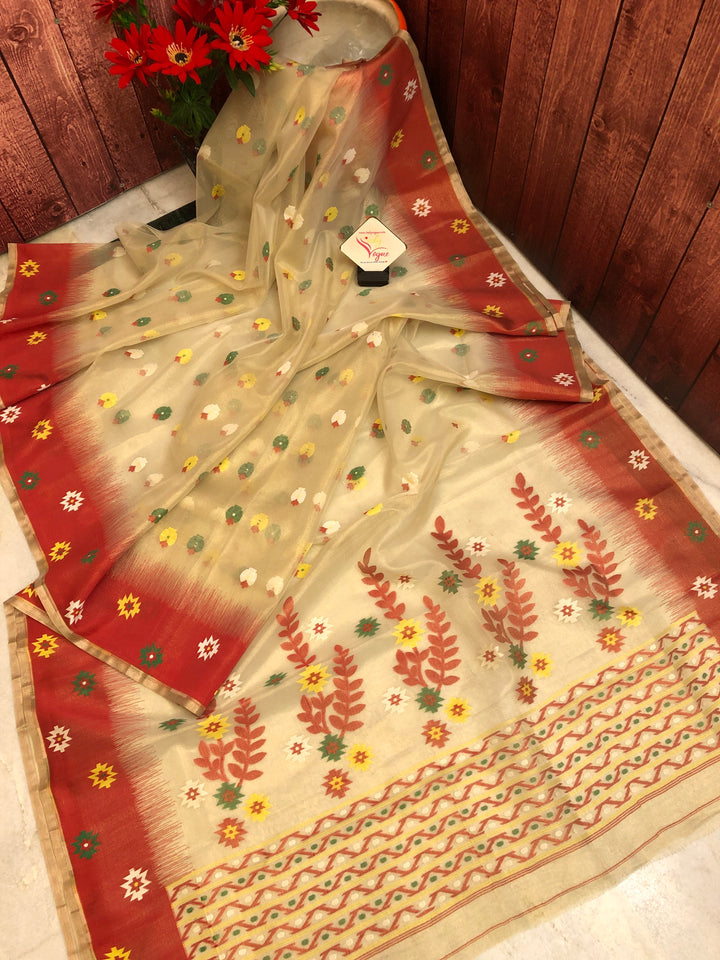 Offwhite and Red Color Tissue Resham Jamdani Saree