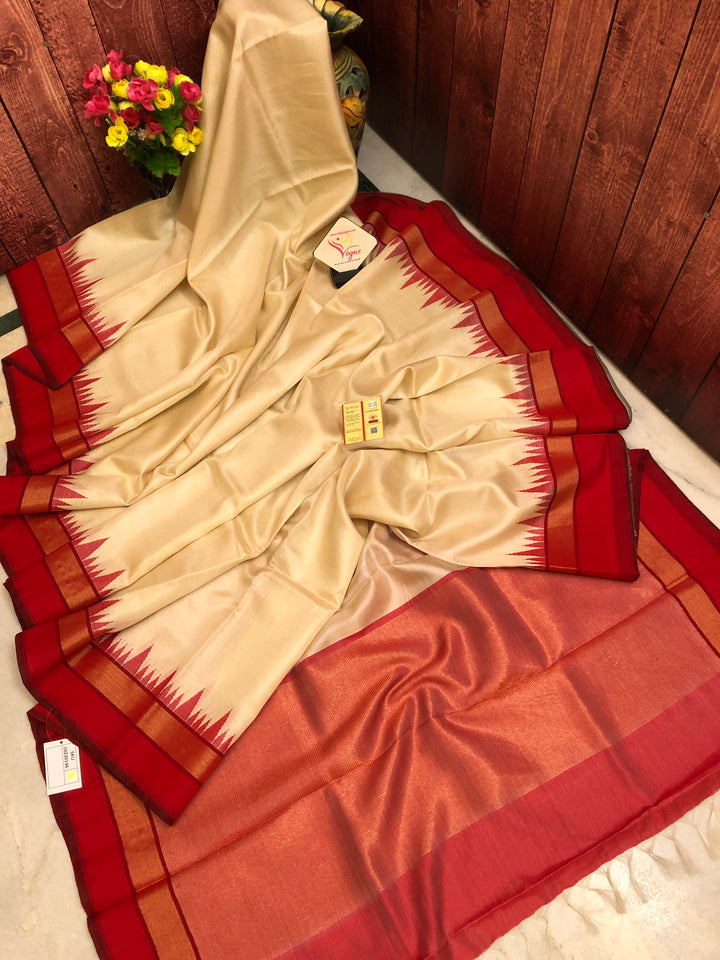 Offwhite and Red Color Tussar Silk Saree