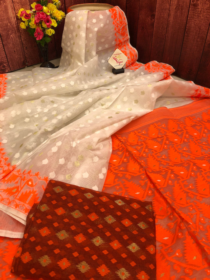 Offwhite and Tiger Orange Color Jamdani Saree