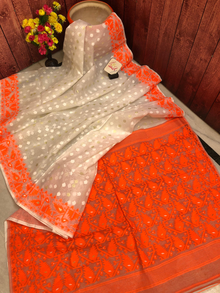 Offwhite and Tiger Orange Color Jamdani Saree