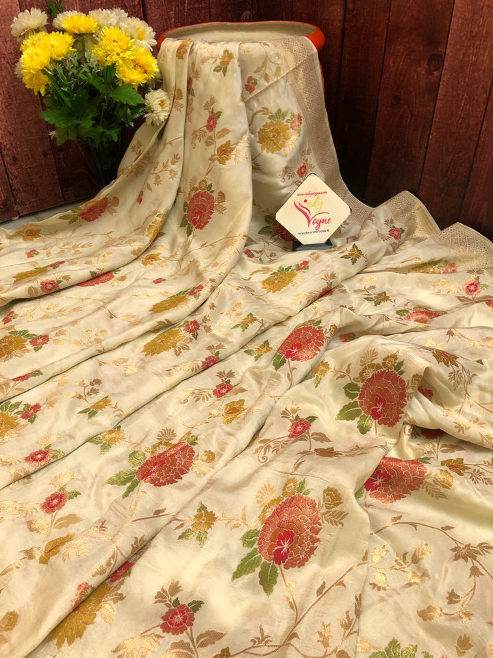 Offwhite Color Designer Muga Silk Banarasi Saree with Allover Jaal Work