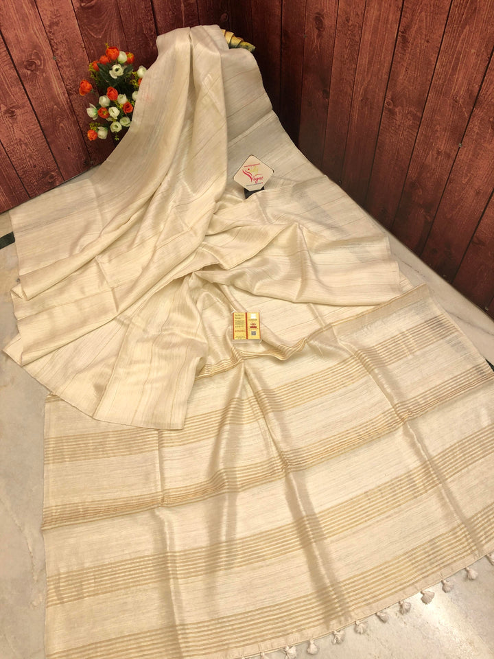 Offwhite Color Pure Matka Silk Saree with Zari Stripes Work