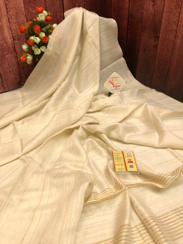 Offwhite Color Pure Matka Silk Saree with Zari Stripes Work